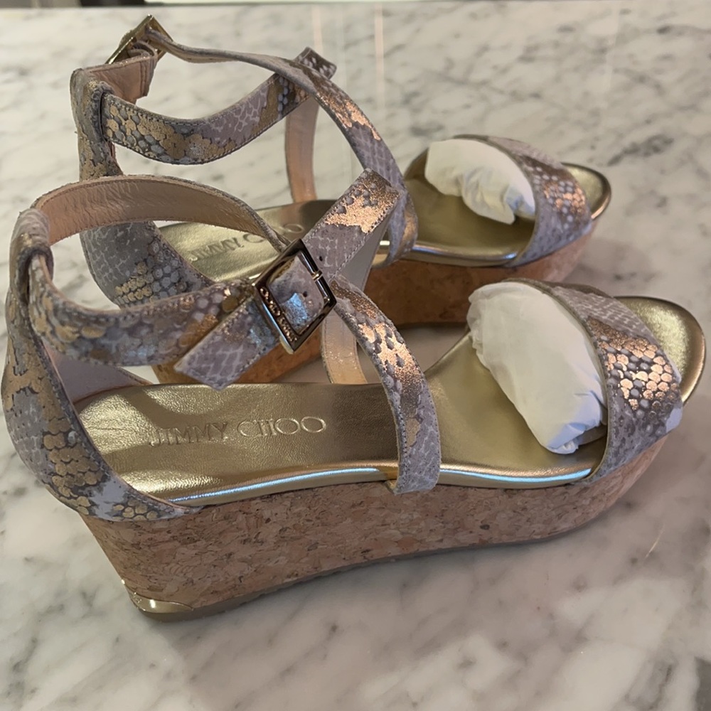 Stunning Jimmy Choo Metallic Printed Suede Wedge. - Picture 3 of 9
